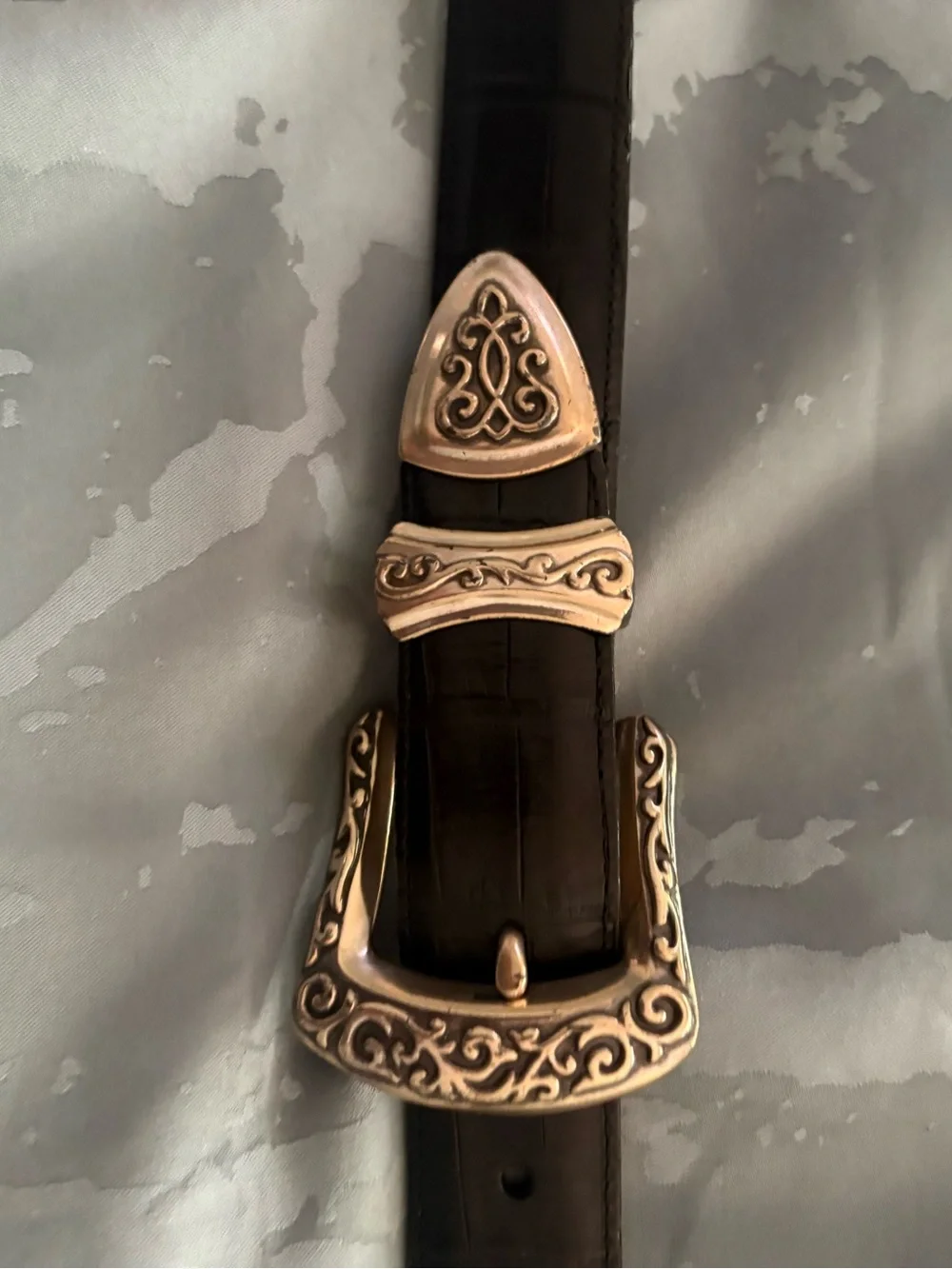 Brighton Black Leather Belt with Ornate Gold Buckle